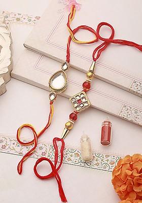 Maroon Set Of 2 Kundan Studded And Beaded Rakhi With Roli Chawal