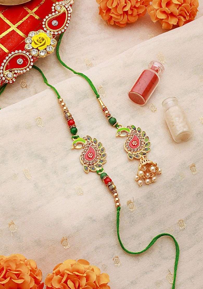 Green Set Of 2 Beaded Bhaiya Bhabhi Rakhi With Roli Chawal - Indya