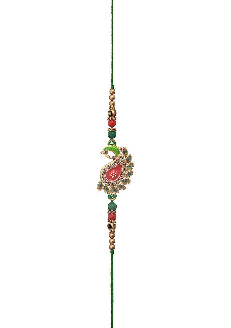 Green Set Of 2 Beaded Bhaiya Bhabhi Rakhi With Roli Chawal - Indya