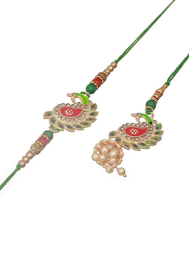 Green Set Of 2 Beaded Bhaiya Bhabhi Rakhi With Roli Chawal - Indya