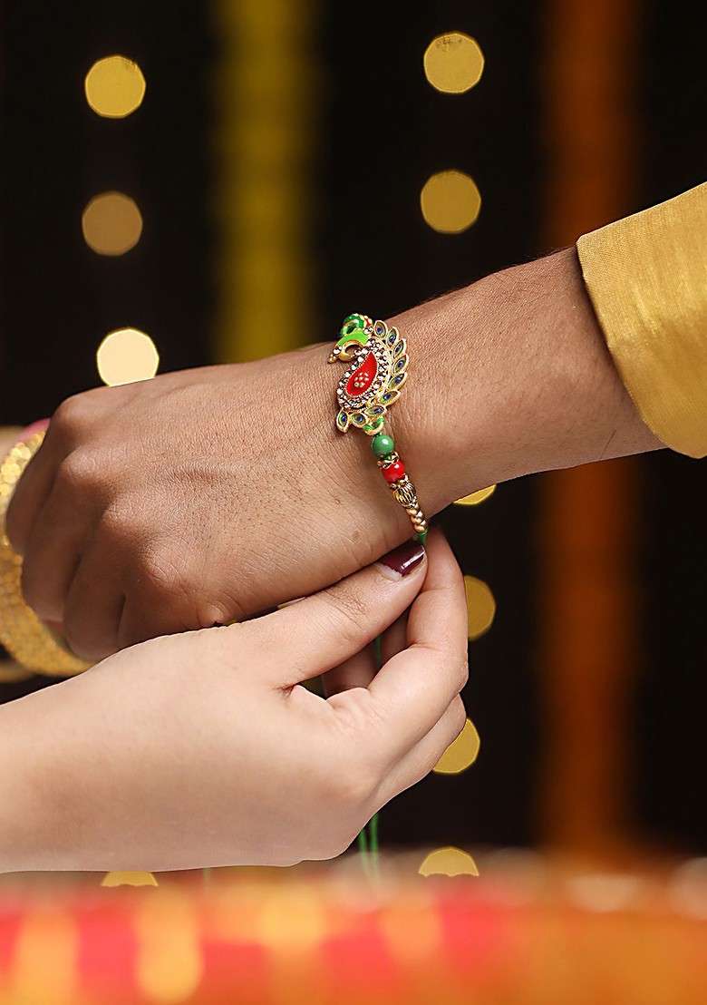 Green Set Of 2 Beaded Bhaiya Bhabhi Rakhi With Roli Chawal - Indya