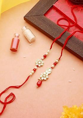 Red Set Of 2 Kundan Studded And Beaded Bhaiya Bhabhi Rakhi With Roli Chawal