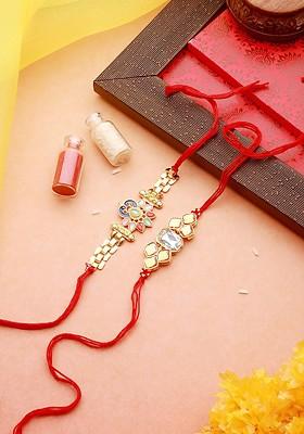 Gold Toned Set Of 2 Kundan Studded And Beaded Rakhi With Roli Chawal