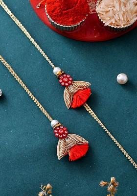 Red Set Of 2 Scarlet Floral Studded Zari Work Rakhi With Roli Chawal And Greeting Card