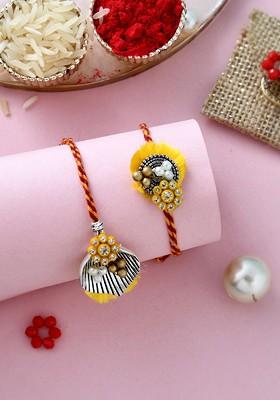 Gold Toned Beaded Bhaiya Bhabhi Thread Rakhis With Roli Chawal And Greeting Card