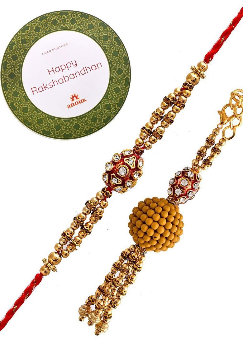 Gold Toned Rudraksha Beaded Bhaiya Bhabhi Rakhi With Roli Chawal And Greeting Card - Indya