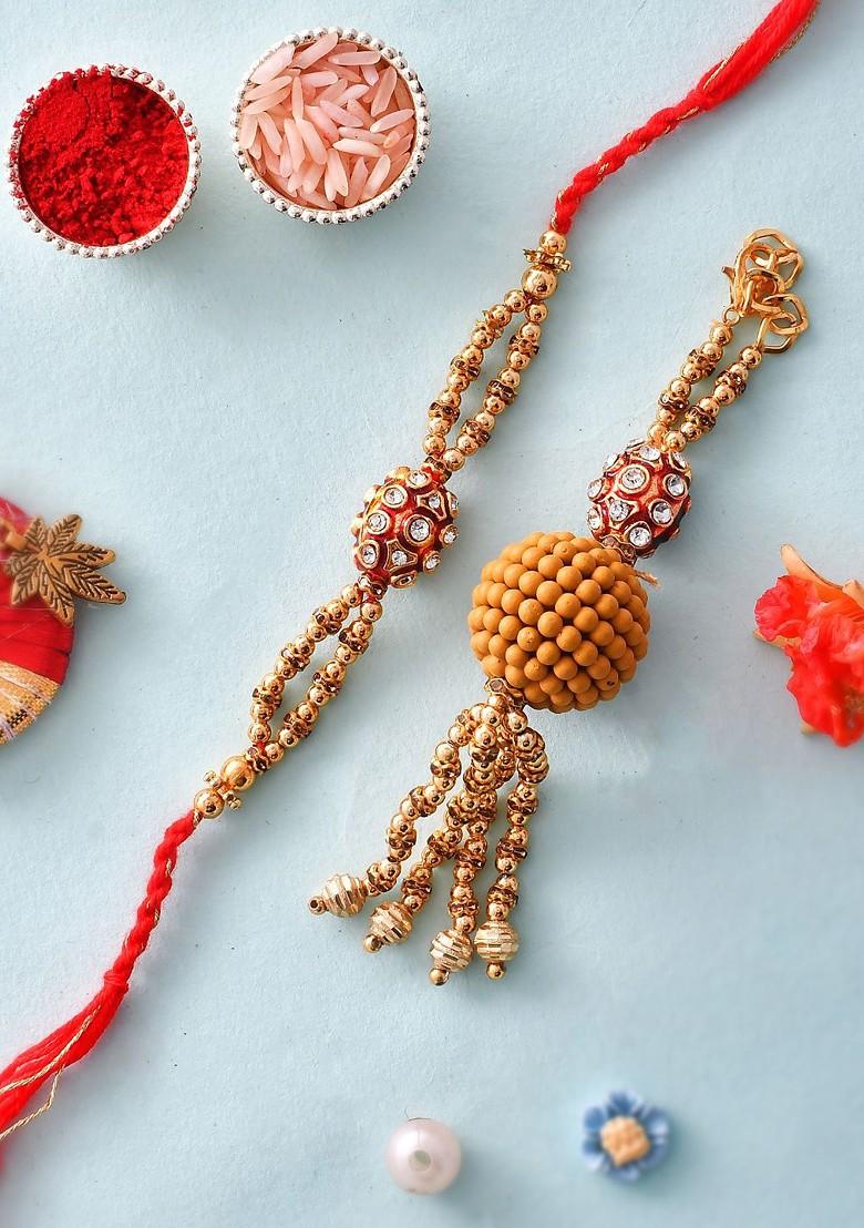 Gold Toned Rudraksha Beaded Bhaiya Bhabhi Rakhi With Roli Chawal And Greeting Card - Indya
