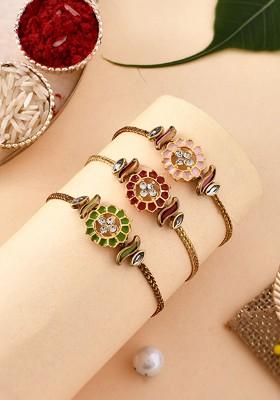 Set Of 3 Red Kundan Studded And Beaded Rakhi With Roli Rice And Greeting Card