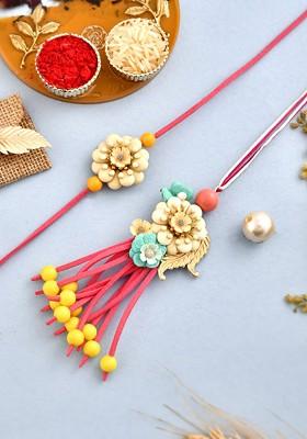 Pink Set Of 2 Bhaiya Bhabhi Lumba And Thread Rakhis With Roli Chawal