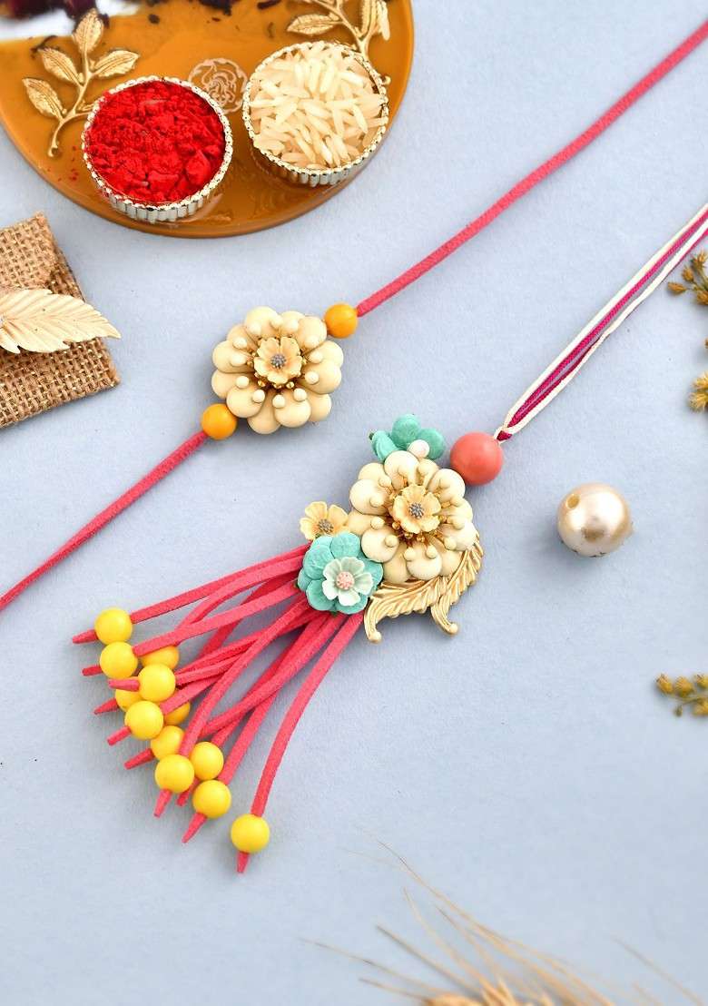 Pink Set Of 2 Bhaiya Bhabhi Lumba And Thread Rakhis With Roli Chawal - Indya