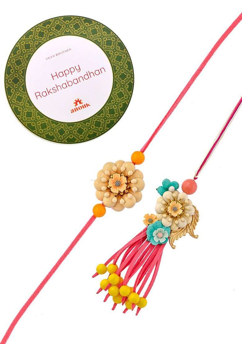 Pink Set Of 2 Bhaiya Bhabhi Lumba And Thread Rakhis With Roli Chawal - Indya