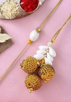 Gold Toned Beaded Bhaiya Bhabhi Thread Rakhis With Roli Chawal And Greeting Card