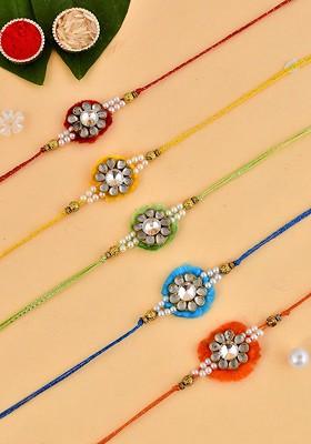 Green Set Of 5 Kundan And Pearl Beaded Thread Rakhis With Roli Chawal And Greeting Card