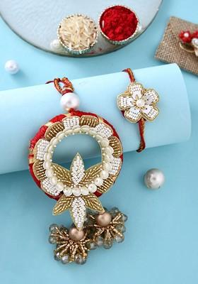 Gold Toned Pearl Beaded Bhaiya Bhabhi Rakhi With Roli Chawal And Greeting Card
