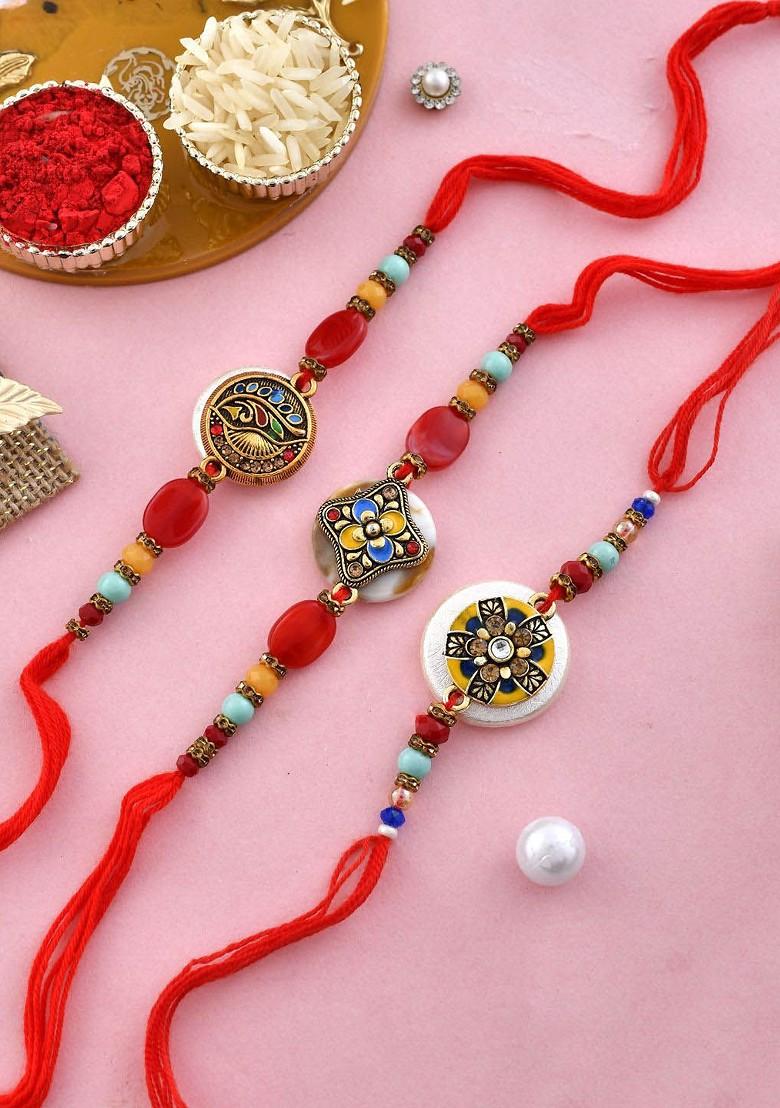 Set Of 3 Red Beaded Rakhi With Roli Rice And Greeting Card