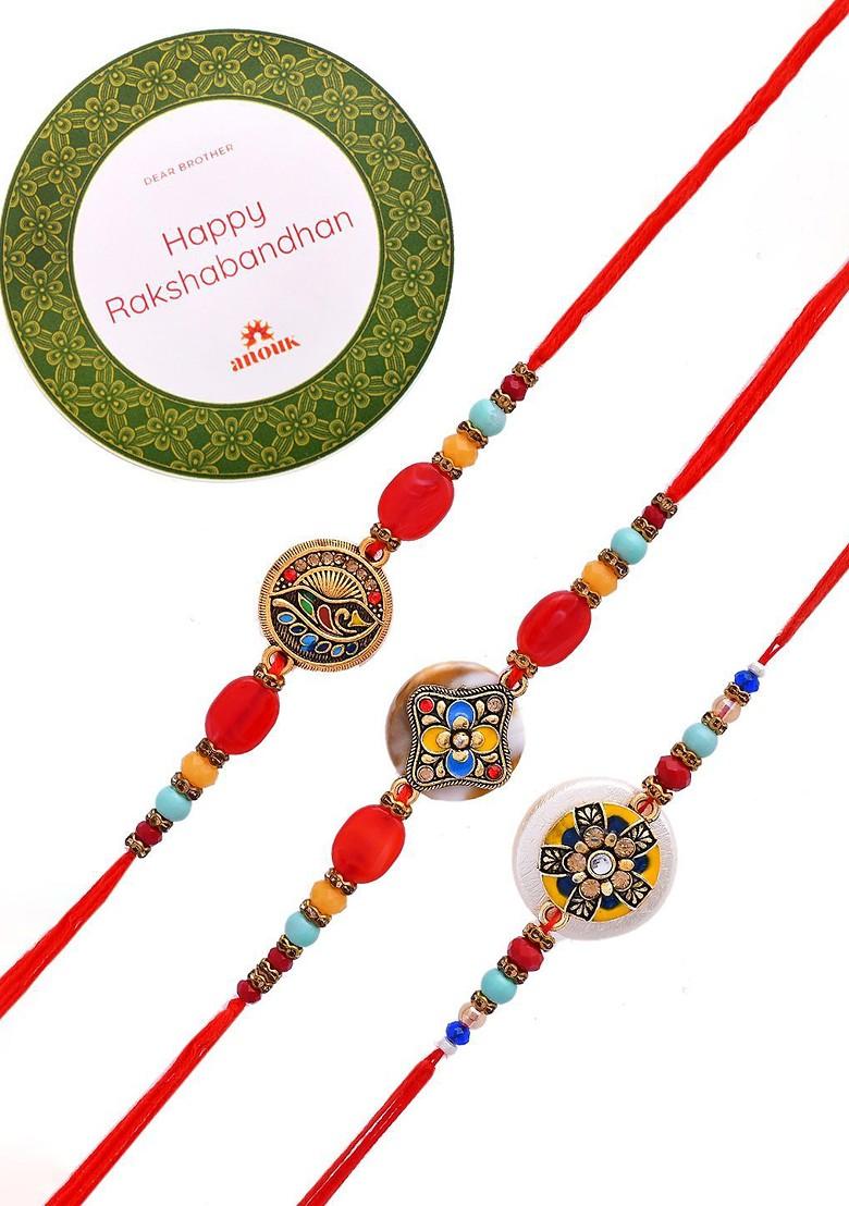Set Of 3 Red Beaded Rakhi With Roli Rice And Greeting Card