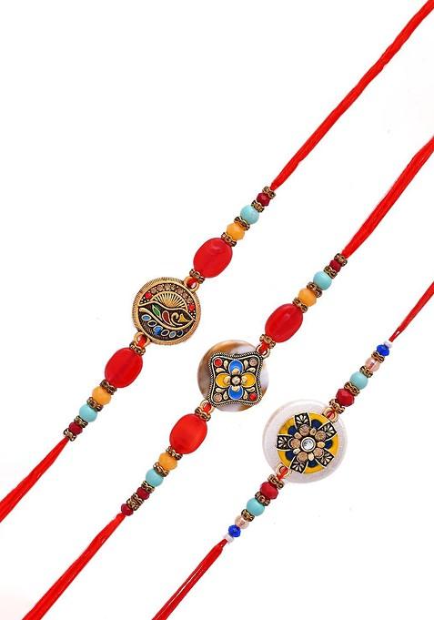 Set Of 3 Red Beaded Rakhi With Roli Rice And Greeting Card