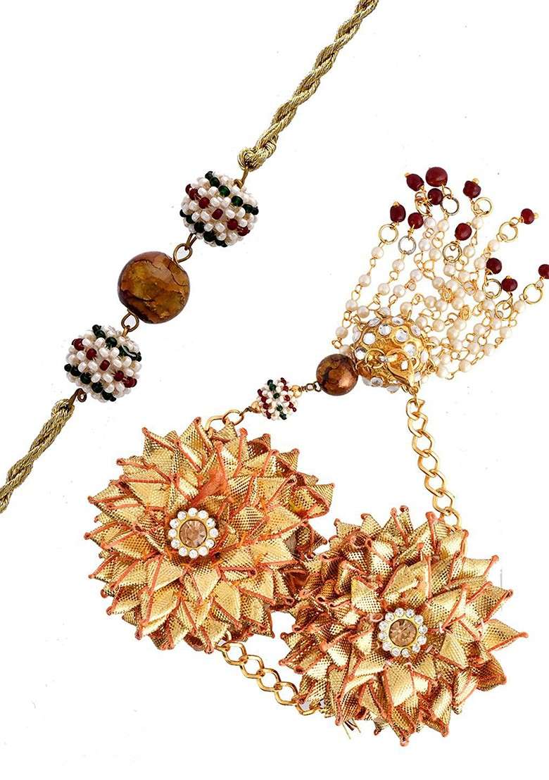 Gold Toned Beaded Bhaiya Bhabhi Rakhi With Roli Chawal And Greeting Card - Indya