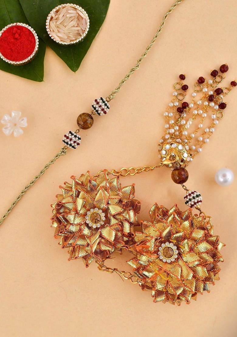 Gold Toned Beaded Bhaiya Bhabhi Rakhi With Roli Chawal And Greeting Card