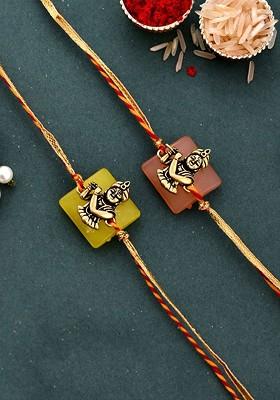 Set Of 2 Red Kanhaiya Rakhis With Roli Chawal And Greeting Card