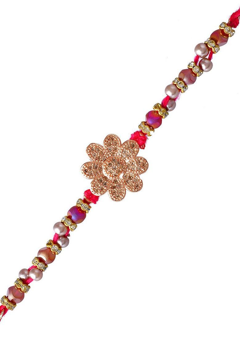 Gold Toned Beaded Floral Rakhi With Roli Chawal And Greeting Card