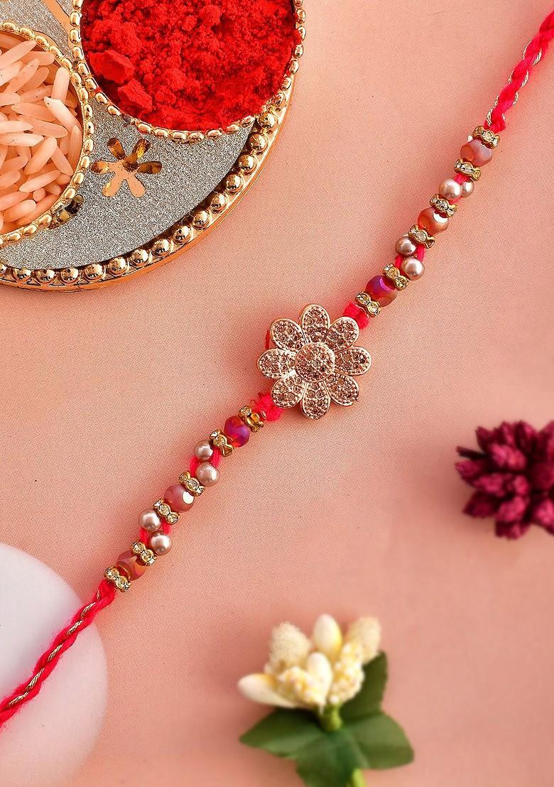 Gold Toned Beaded Floral Rakhi With Roli Chawal And Greeting Card
