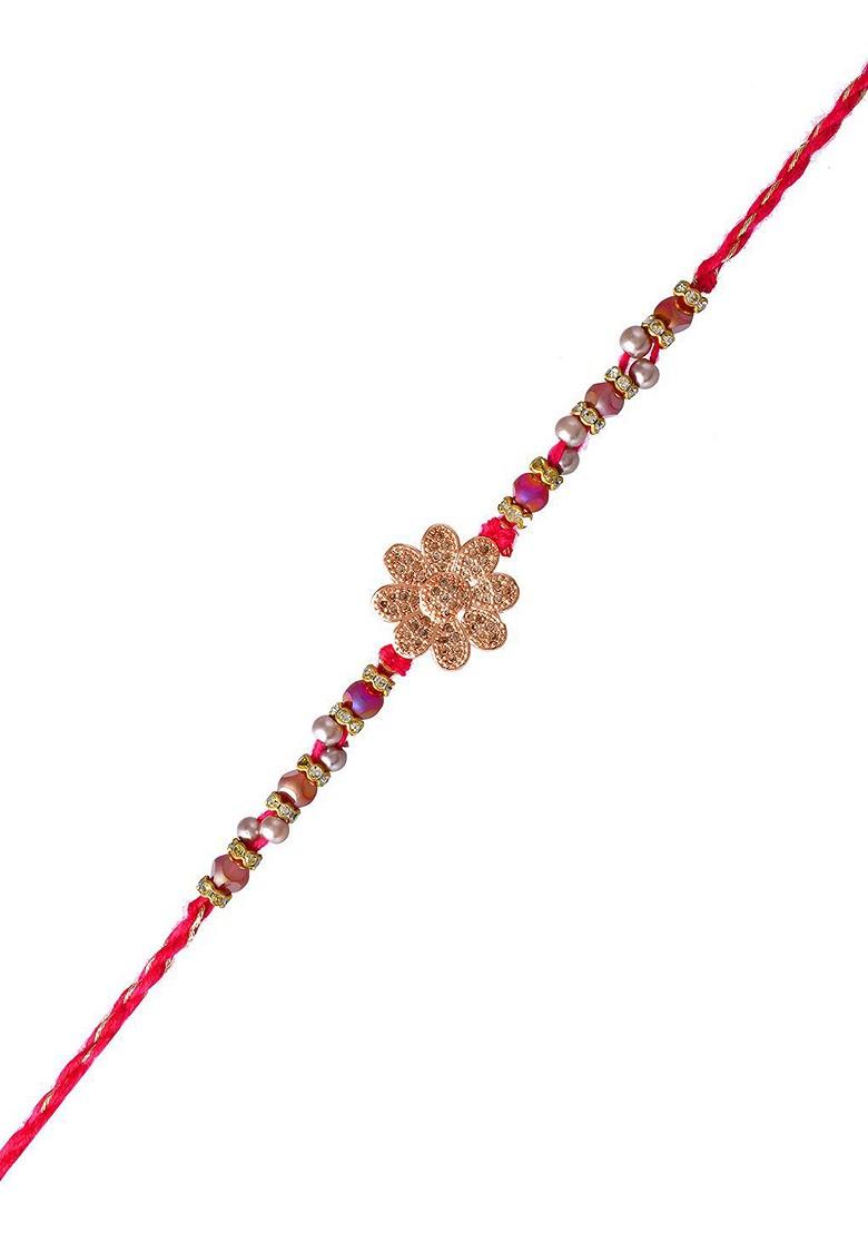 Gold Toned Beaded Floral Rakhi With Roli Chawal And Greeting Card