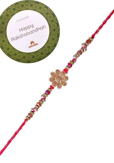 Gold Toned Beaded Floral Rakhi With Roli Chawal And Greeting Card