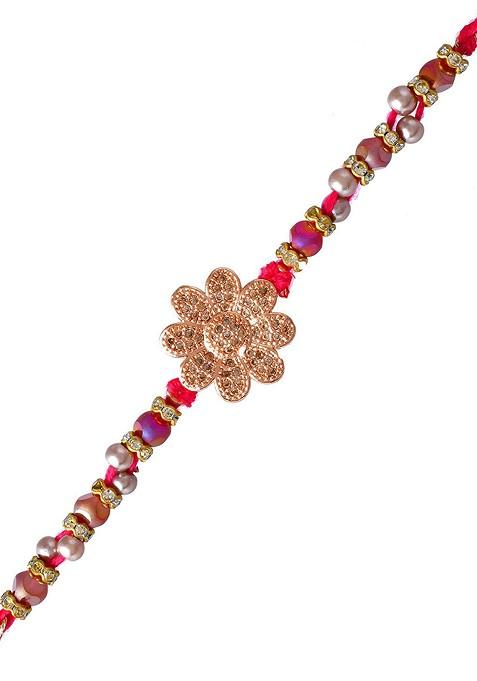 Gold Toned Beaded Floral Rakhi With Roli Chawal And Greeting Card