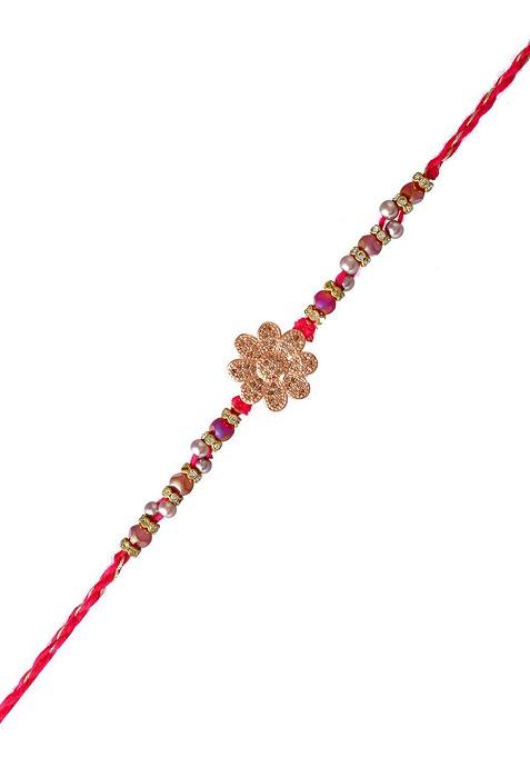Gold Toned Beaded Floral Rakhi With Roli Chawal And Greeting Card