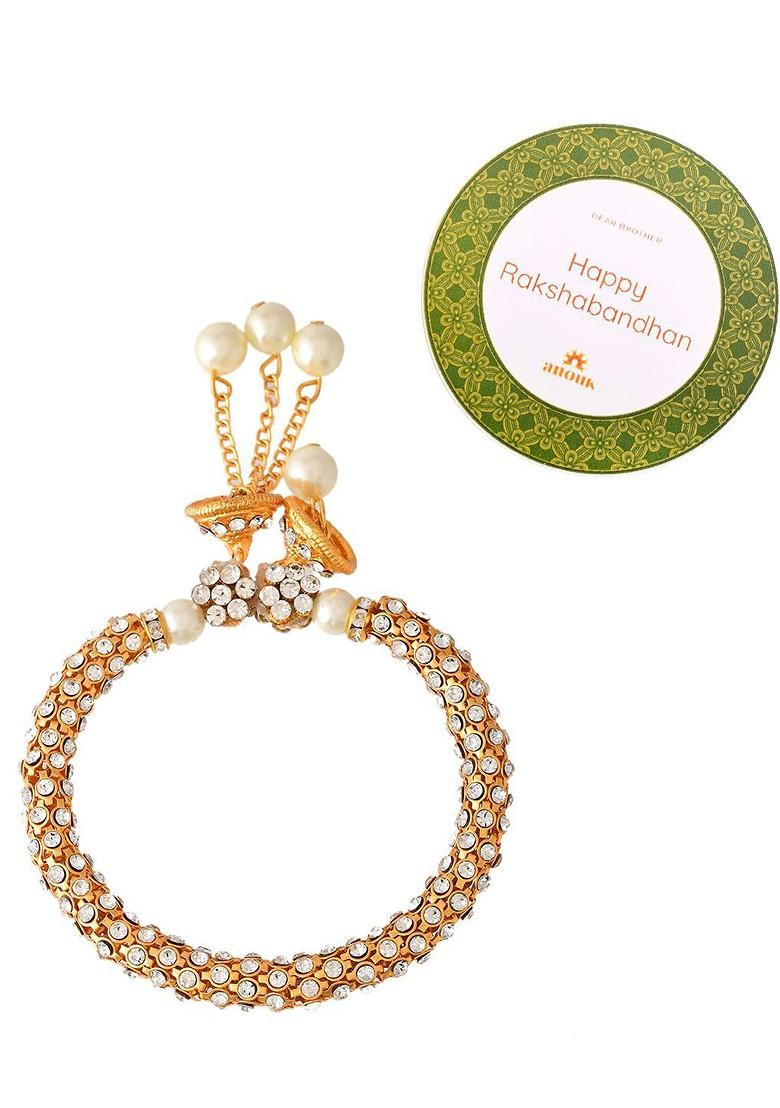 Gold Toned Pearl Embellished Lumba Rakhi With Roli Chawal And Greeting Card