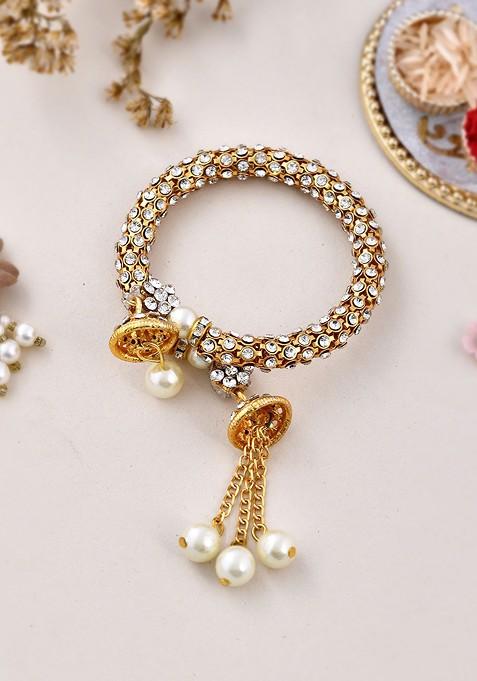 Gold Toned Pearl Embellished Lumba Rakhi With Roli Chawal And Greeting Card