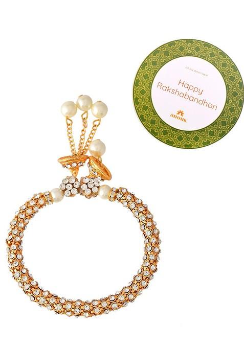 Gold Toned Pearl Embellished Lumba Rakhi With Roli Chawal And Greeting Card