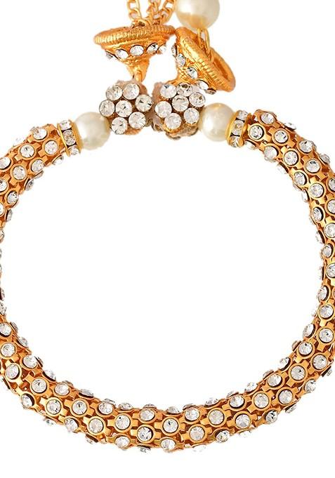 Gold Toned Pearl Embellished Lumba Rakhi With Roli Chawal And Greeting Card