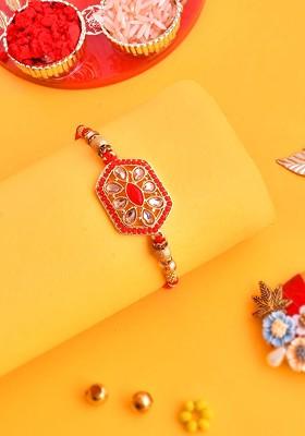 Gold Toned Beaded Rakhi With Roli Chawal And Greeting Card
