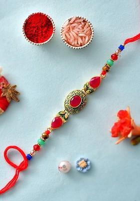 Gold Toned Kundan Studded And Beaded Rakhi With Roli Chawal And Greeting Card