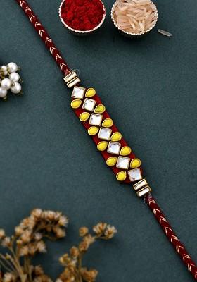 Set Of 4 Red Kundan Studded And Beaded Rakhi With Roli Rice And Greeting Card