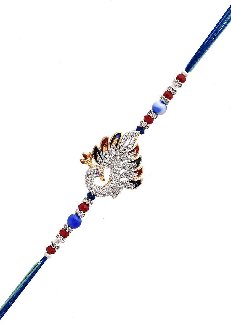 Blue Swarowski Embellished Peacock Thread Rakhi With Roli Chawal And Greeting Card