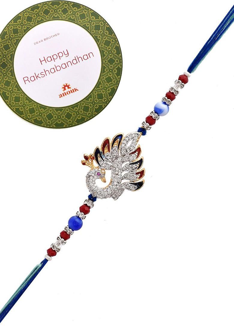 Blue Swarowski Embellished Peacock Thread Rakhi With Roli Chawal And Greeting Card