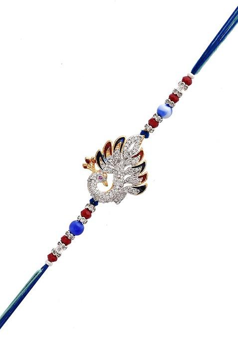 Blue Swarowski Embellished Peacock Thread Rakhi With Roli Chawal And Greeting Card