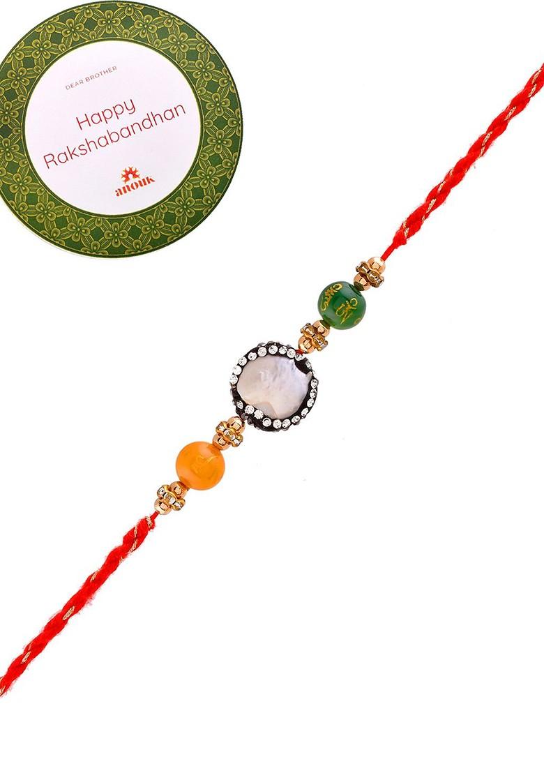 Orange Stone Studded And Beaded Thread Rakhi With Roli Chawal And Greeting Card