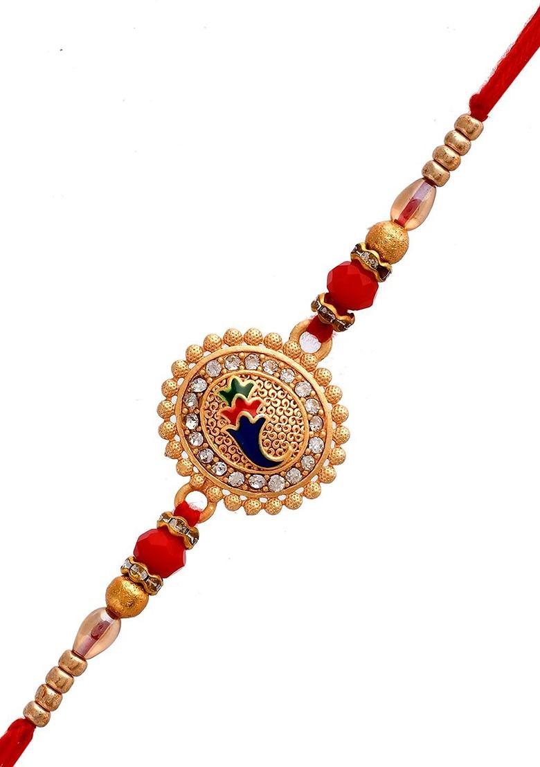 Gold Toned Stone Studded And Beaded Rakhi With Roli Chawal And Greeting Card - Indya