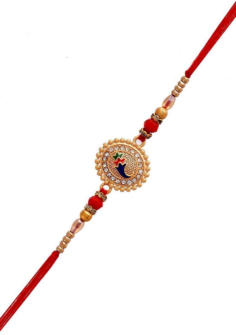 Gold Toned Stone Studded And Beaded Rakhi With Roli Chawal And Greeting Card - Indya
