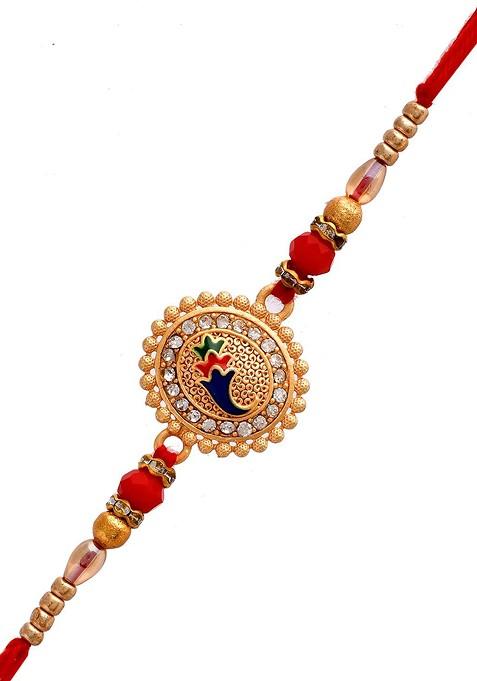 Gold Toned Stone Studded And Beaded Rakhi With Roli Chawal And Greeting Card