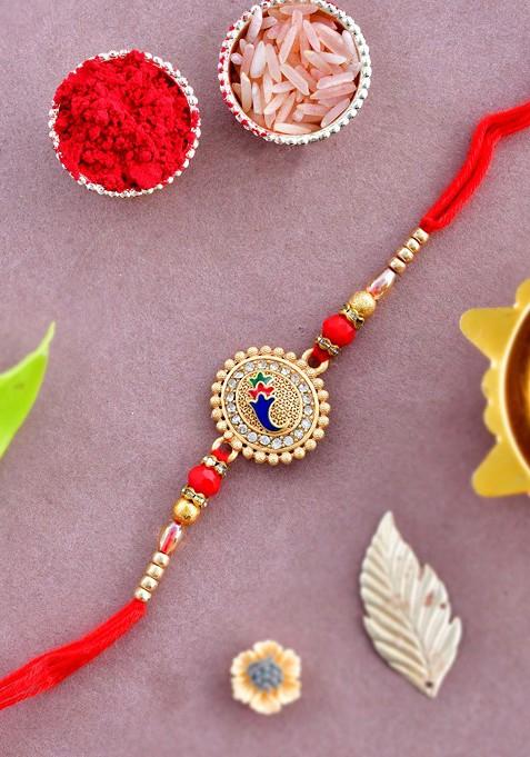 Gold Toned Stone Studded And Beaded Rakhi With Roli Chawal And Greeting Card