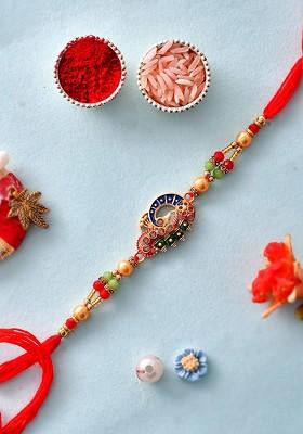 Red Stone Studded And Beaded Thread Rakhi With Roli Chawal And Greeting Card
