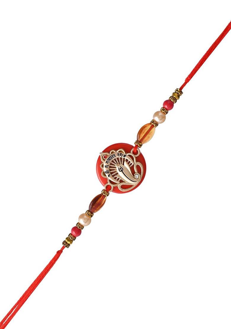 Red Resin Based Ganesha Rakhi With Roli Chawal And Greeting Card