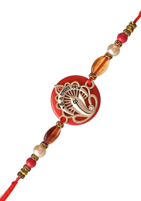 Red Resin Based Ganesha Rakhi With Roli Chawal And Greeting Card
