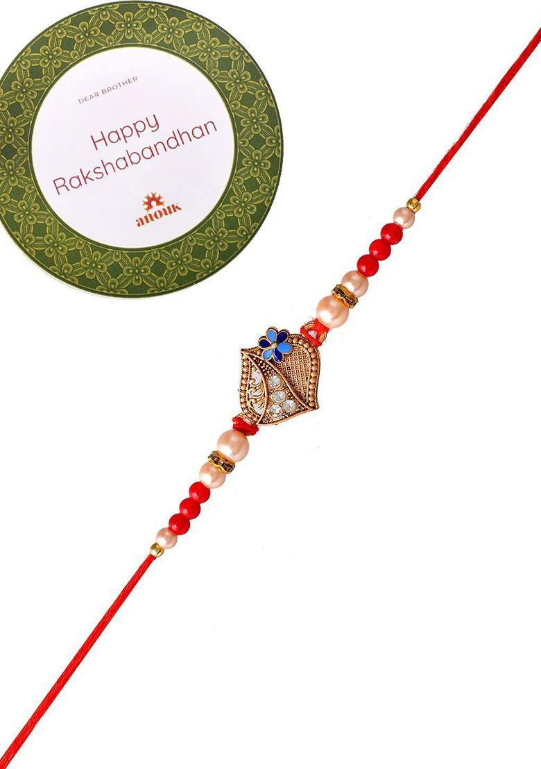 Gold Toned Stone Studded And Beaded Rakhi With Roli Chawal And Greeting Card - Indya