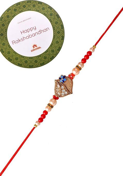 Gold Toned Stone Studded And Beaded Rakhi With Roli Chawal And Greeting Card